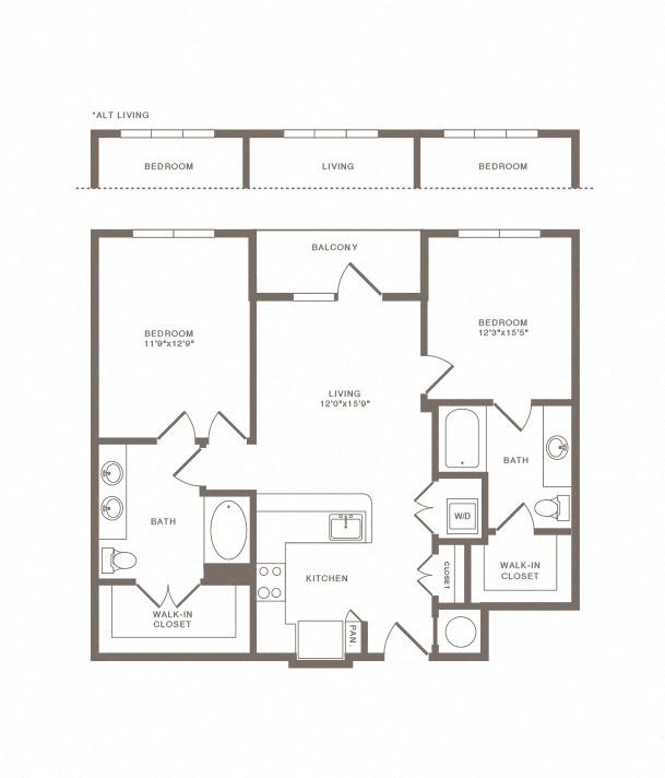 Floor plan for 2 beds, 2 baths, 1089 sqft